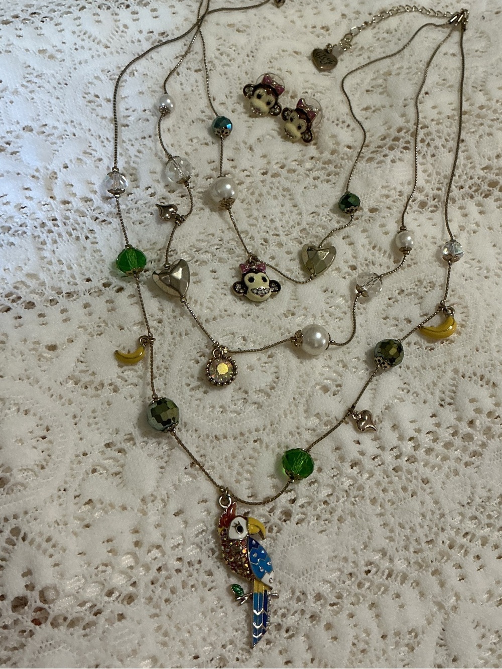 Betsey Johnson Multicolor Parrot Pendant Layered Necklace with Green Beads